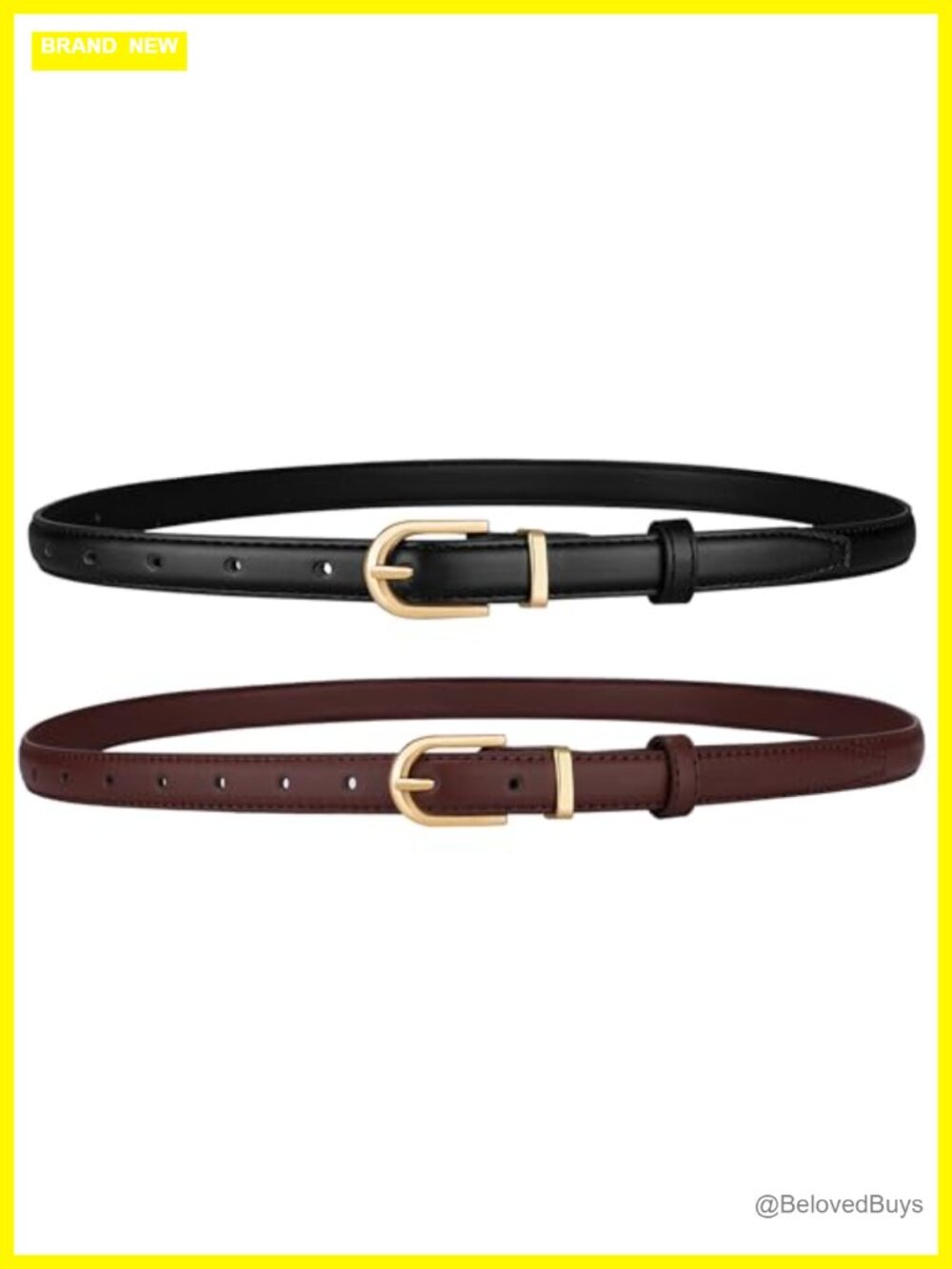 2 Pack Skinny Belts for Women with Gold Buckle Faux Leather